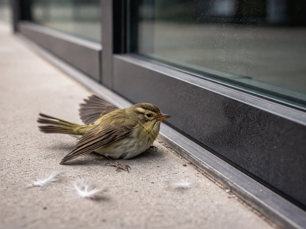 Small bird near a building window with nearby glass contact context and a few feathers on the ground.