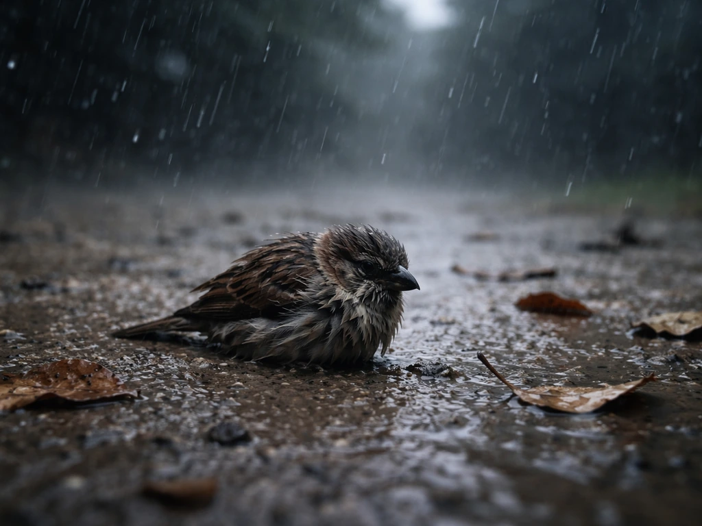 A wet small bird bracing against wind and rain on the ground under a stormy sky