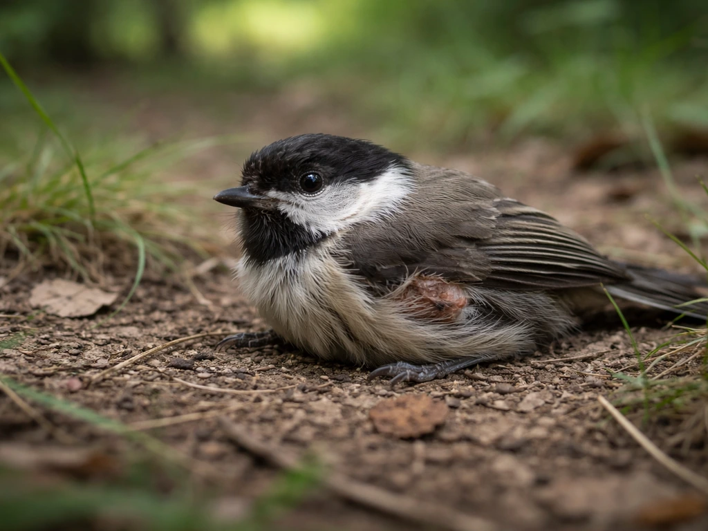 Injured small songbird lying on the ground after a predator strike, with minor feather damage, no blood