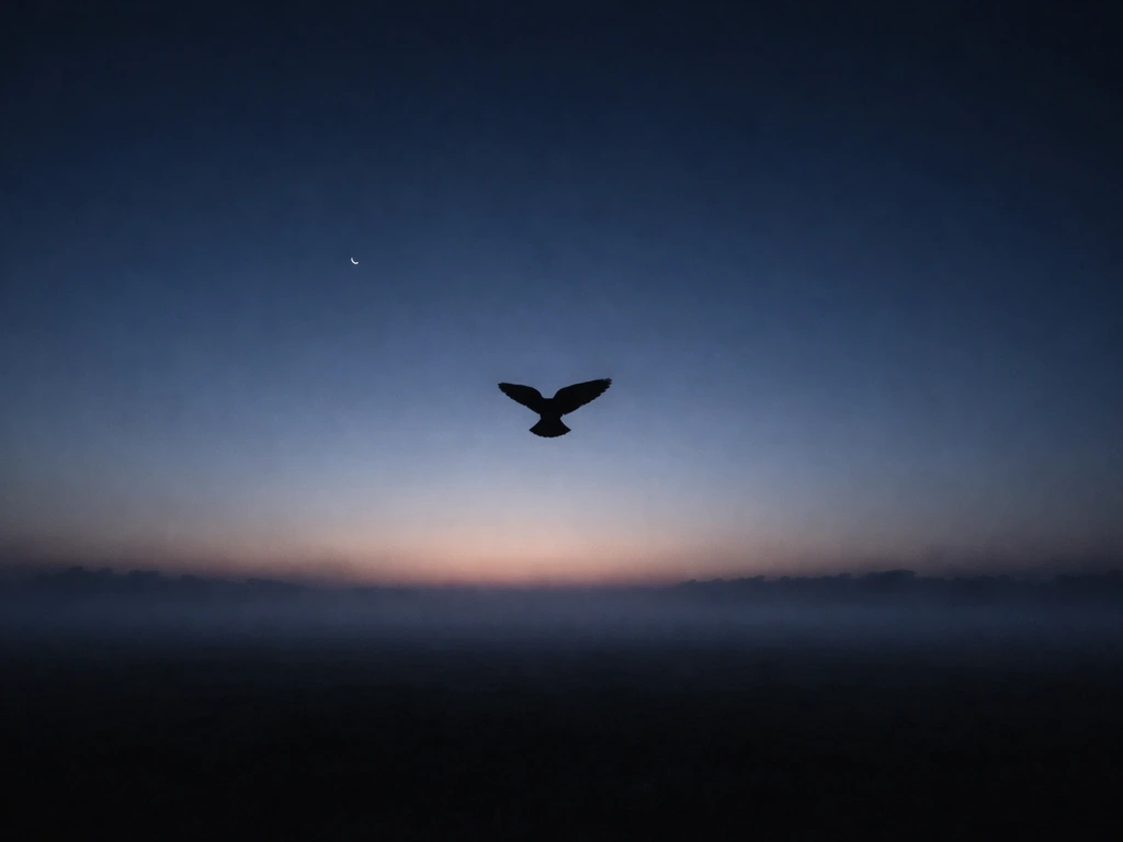 A bird silhouette drifting downward above a quiet night landscape, symbolic and surreal