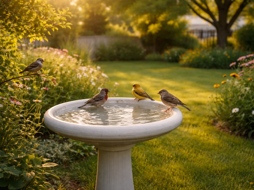 Pedestal bird bath with visible water in a backyard, small birds perched nearby.