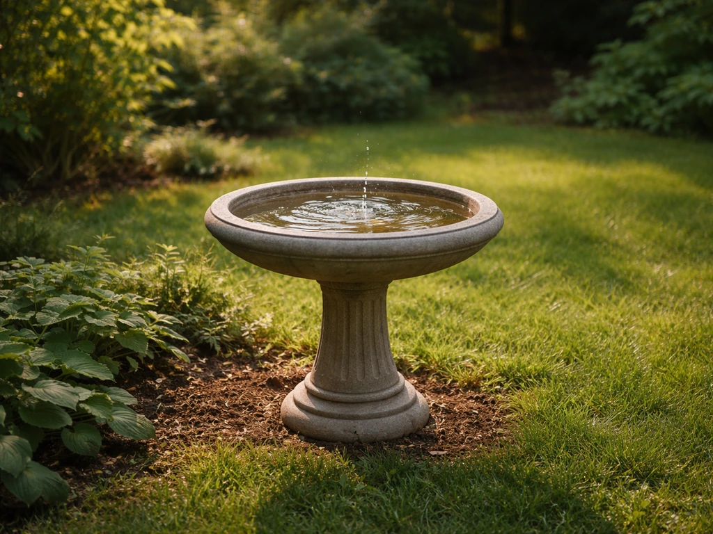 Pedestal bird bath with basin on a garden stand, surrounded by green plants and natural light
