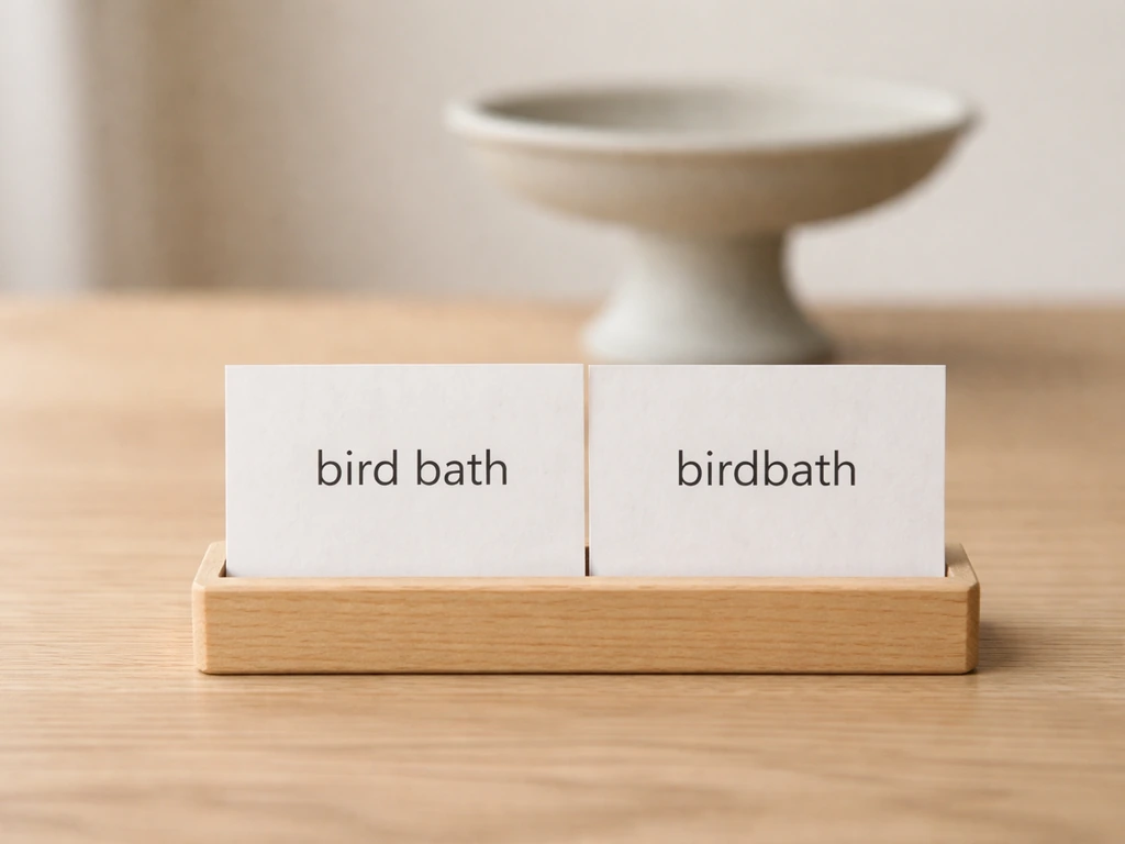 Two side-by-side cards show the spellings “bird bath” and “birdbath,” with a blurred bird bath nearby.