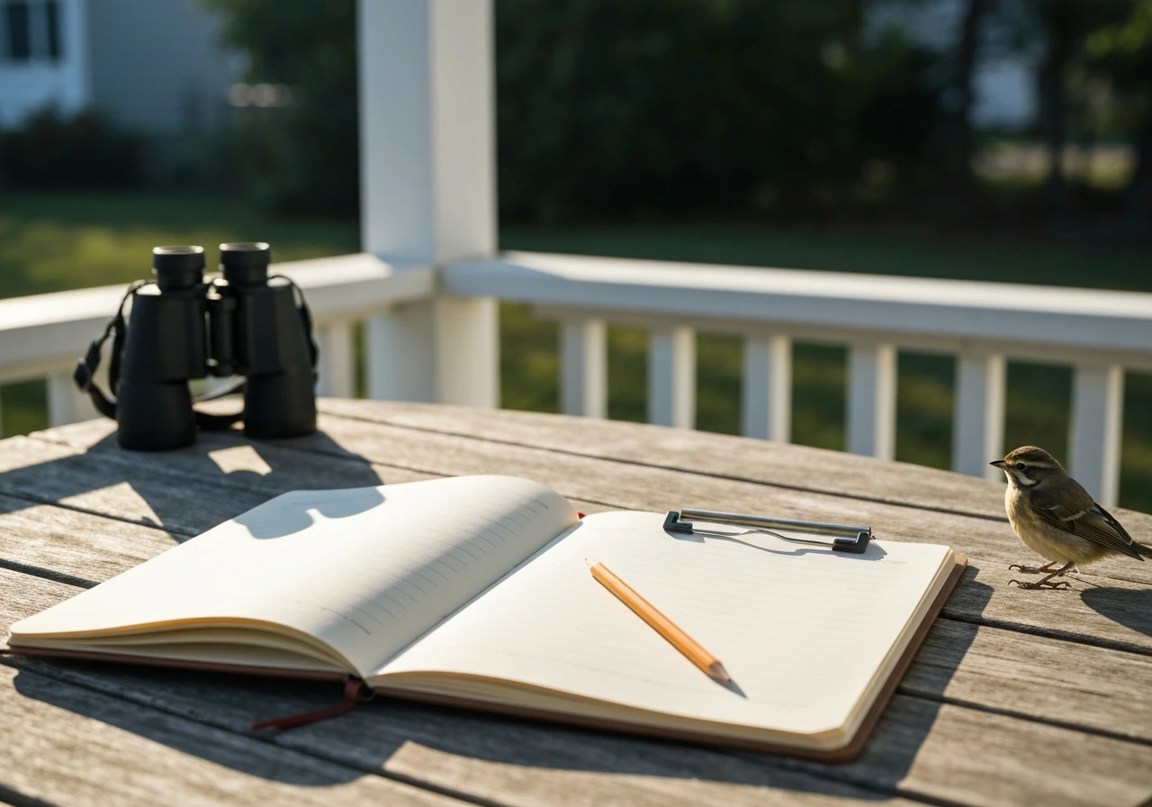 Small bird perched by an open blank notebook on a porch table at dawn, suggesting a checklist.