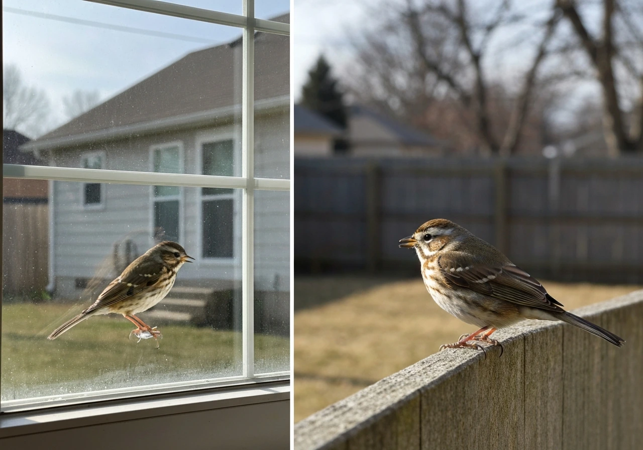 Split view of a bird pecking a window and a bird perched in a quiet backyard yard.