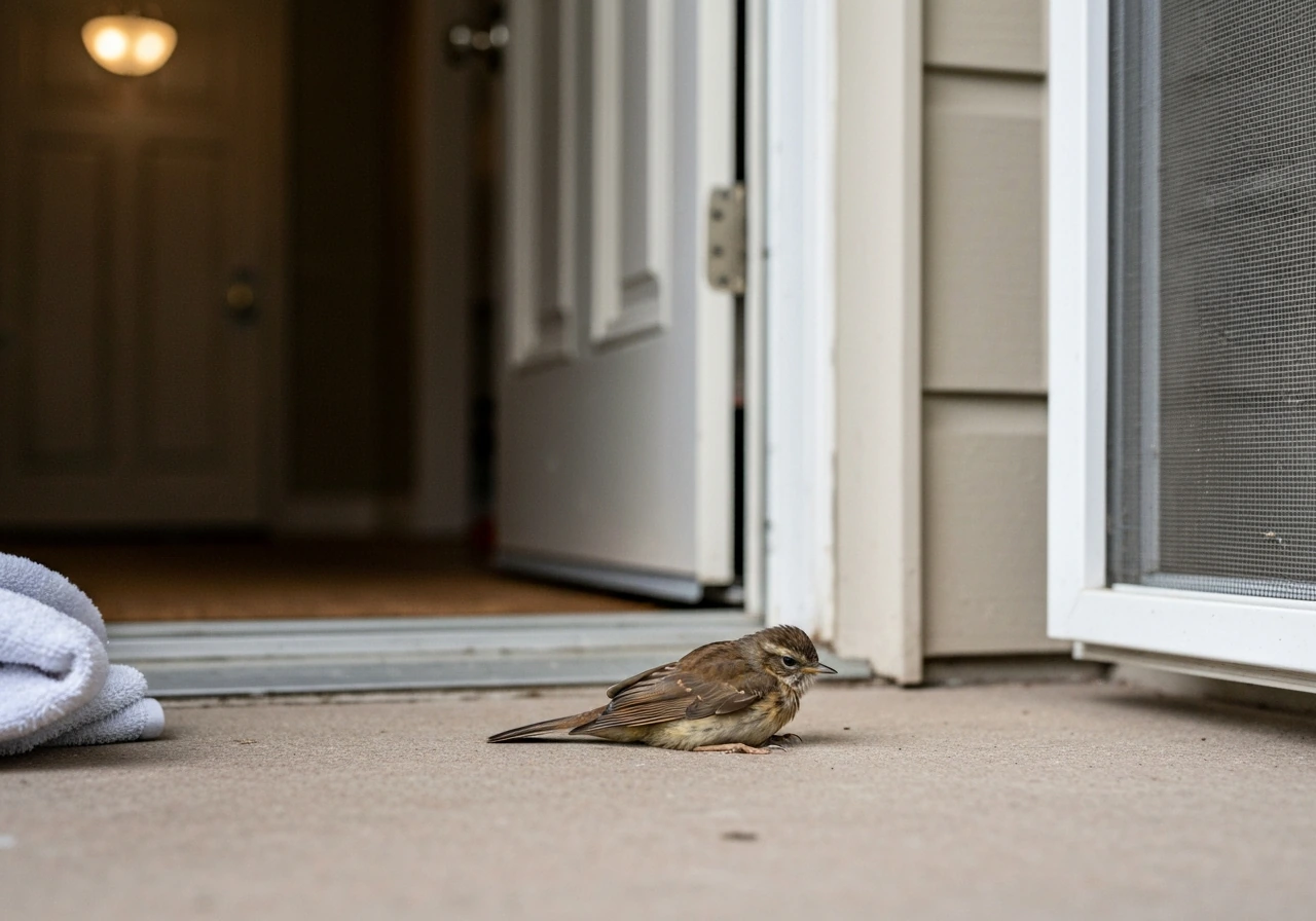 A small stunned bird rests on the ground near a reflective window after a strike.