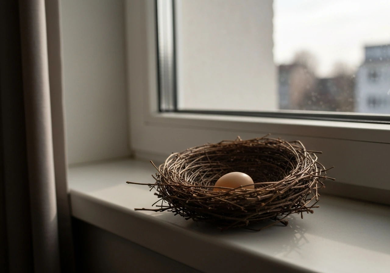 Close-up of a small nest with one egg on a windowsill, soft light suggesting “nest egg” and “empty nest”