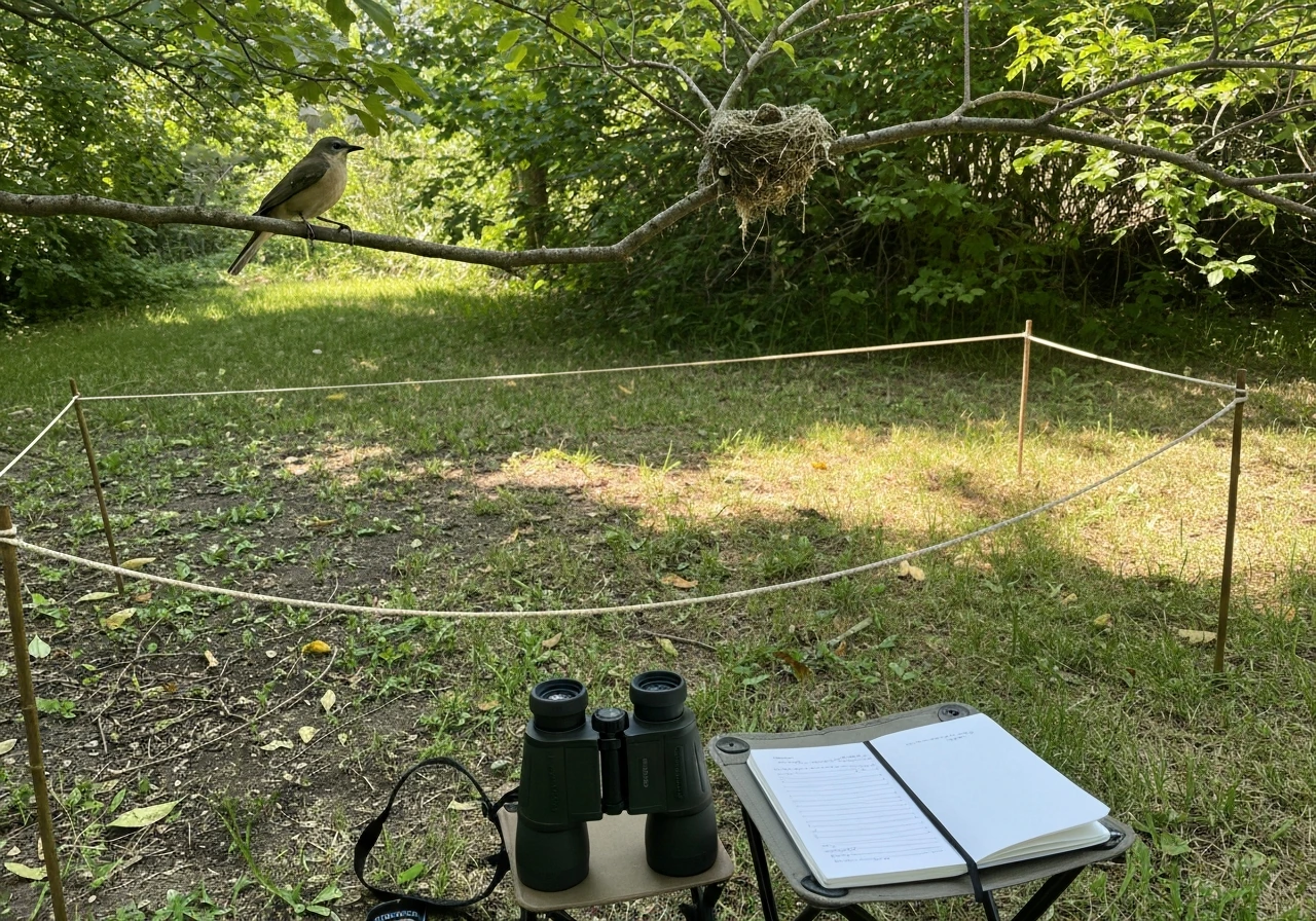 Binoculars and notebook on the ground with a rope boundary near a bird’s nest and a perched bird.