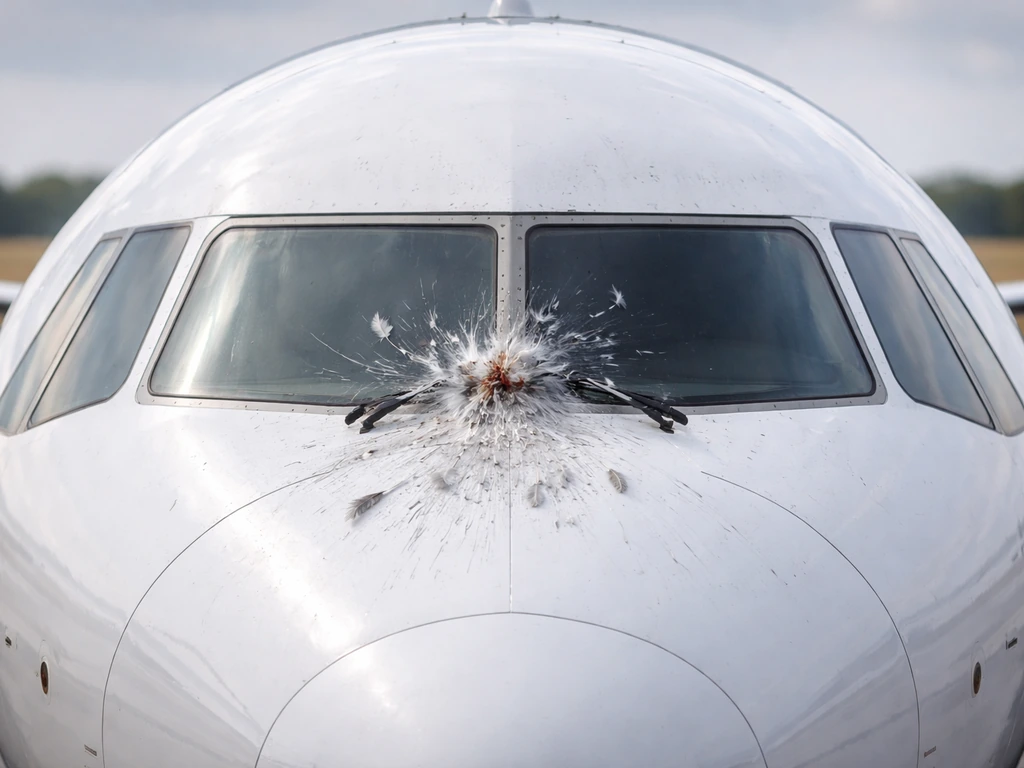 Close-up of an aircraft’s front windscreen with a single bird-strike impact and scattered feathers