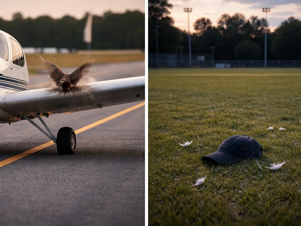 Two-panel look: an aircraft near a bird strike, and a quiet sports field with scattered feathers.