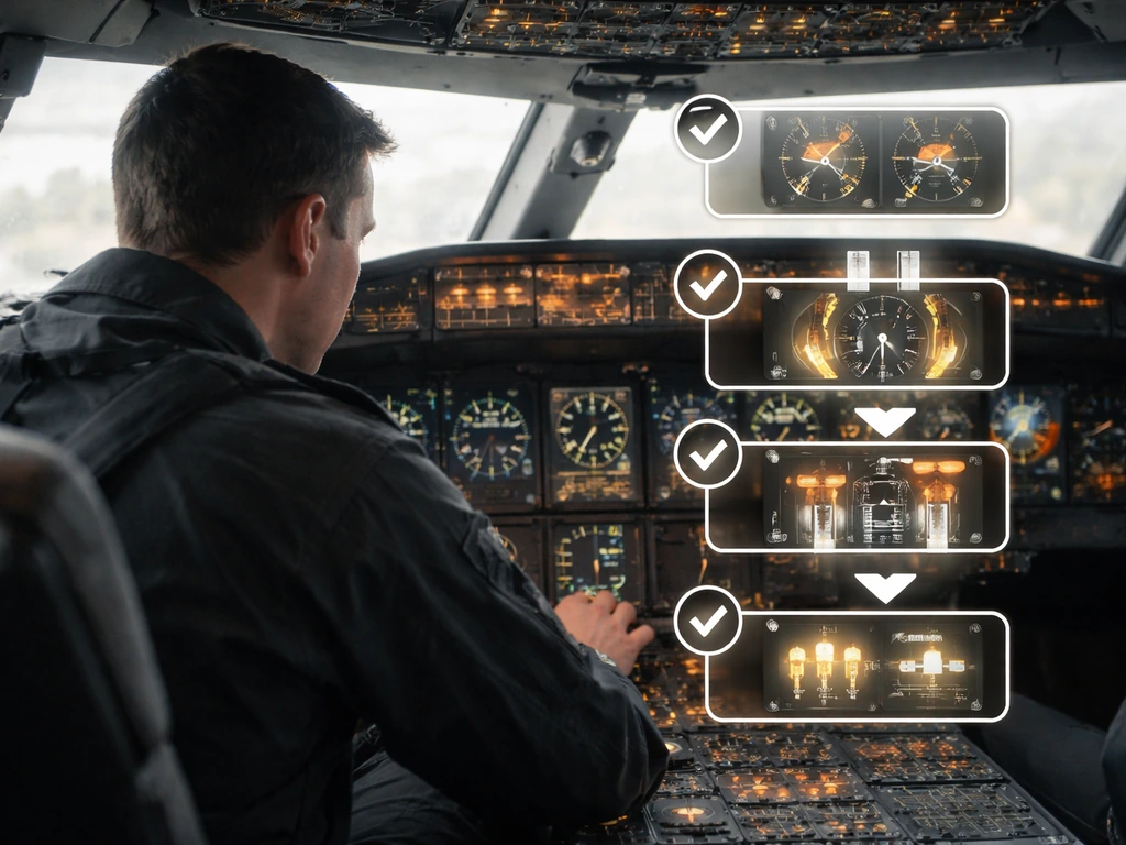 Pilot crew member in a cockpit immediately checking gauges after a bird strike.