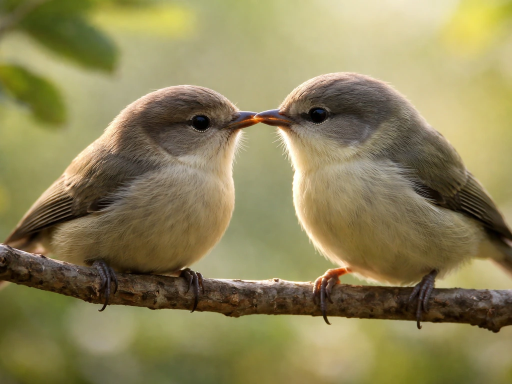 Two small birds perched face-to-face, beaks softly touching in an affectionate “bird kiss” moment.