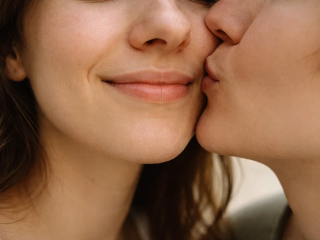 Close-up of two anonymous adults sharing a tiny quick peck on the cheek in natural light.