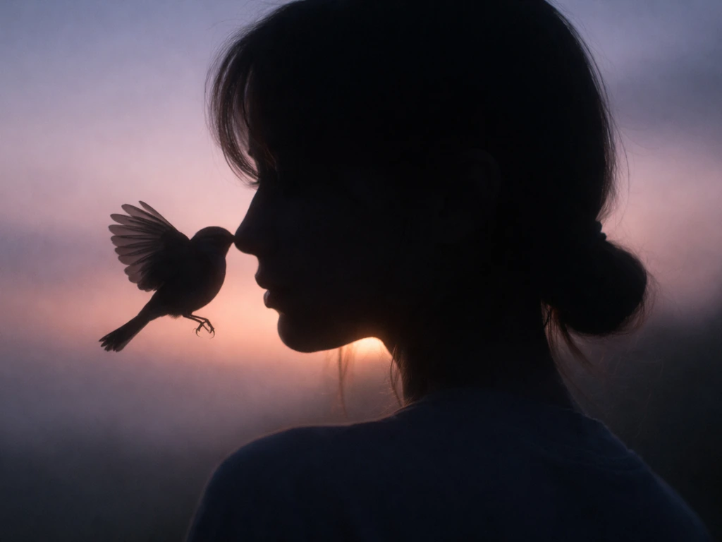 Silhouetted person in twilight with a small bird landing near their cheek, creating an omen-like mood.