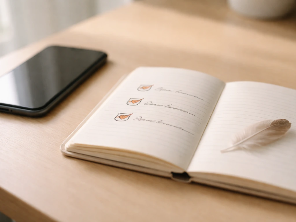 Minimal desk with an open notebook and three checkbox sections marked by small bird-kiss icons.