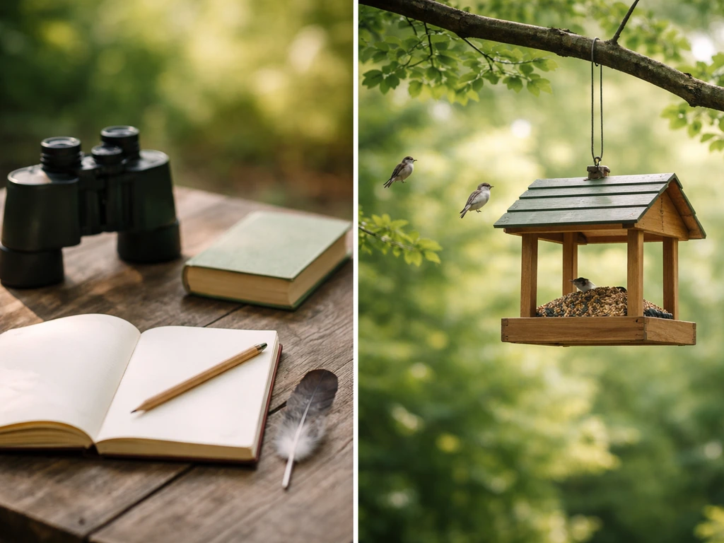 Binoculars, notebook, and feather-field reference beside a simple bird feeder scene outdoors.