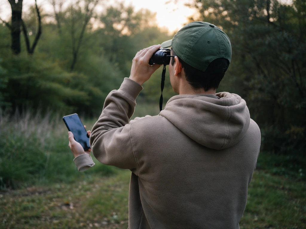 Person birdwatching with binoculars while using a smartphone bird ID app at the backyard wild edge.