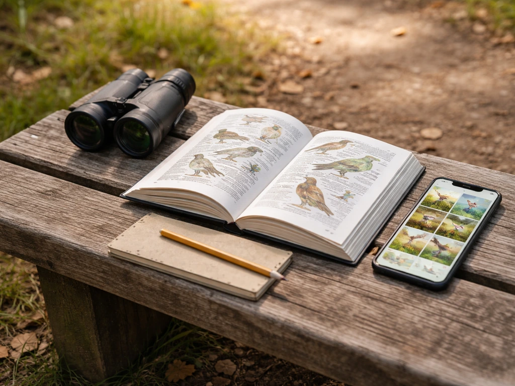 Open bird field guide beside a notebook, pencil, binoculars, and a phone on a trail bench.