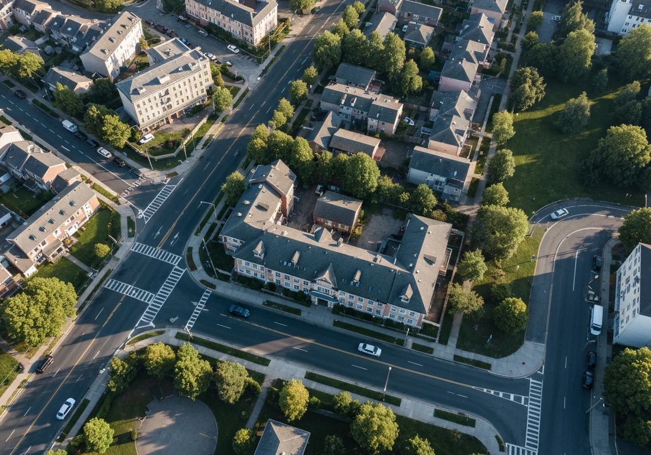 Overhead top-down view of a residential city block with streets and rooftops, no text.