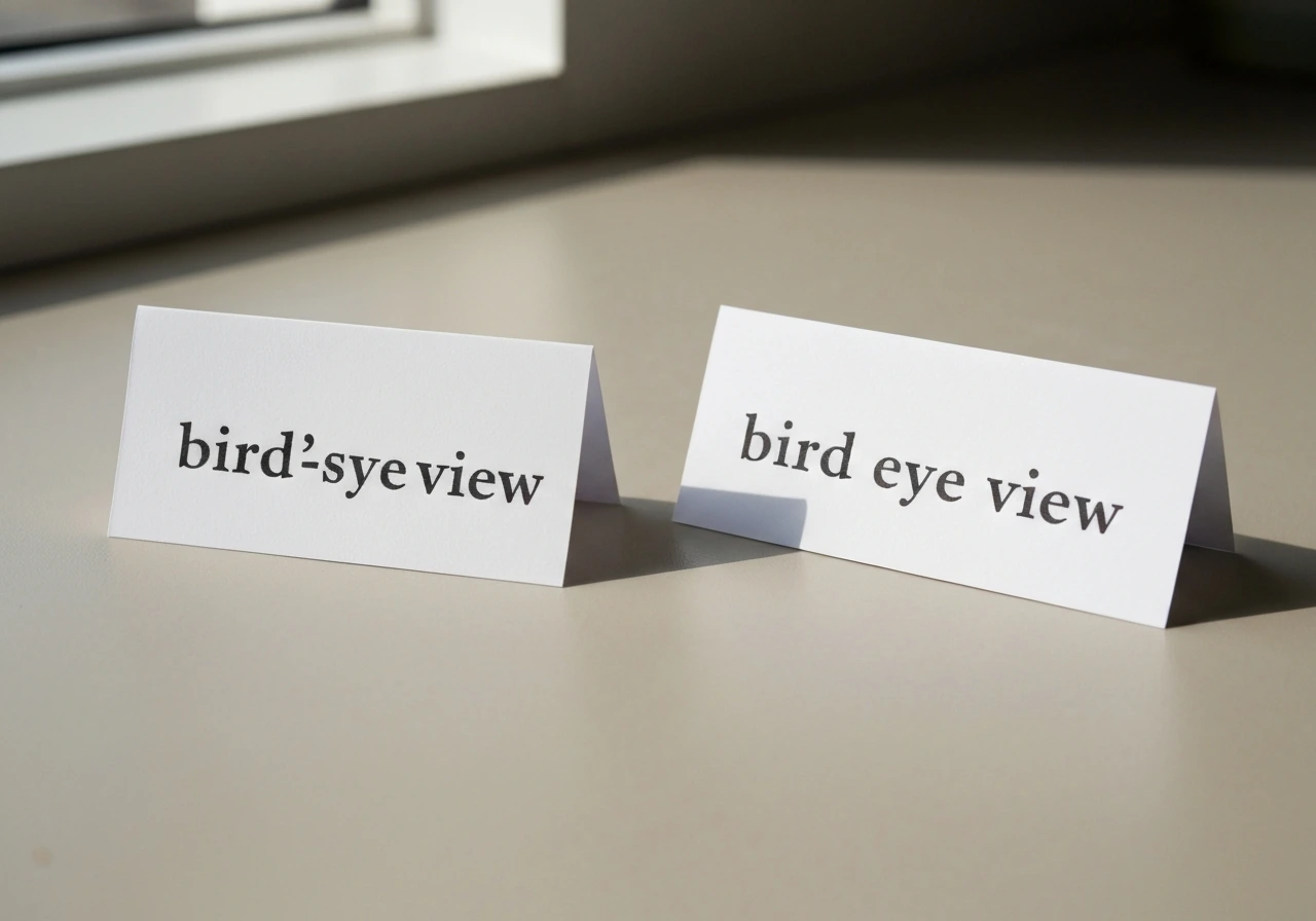Minimal photo of two clean paper cards side by side showing correct and incorrect “bird’s-eye view” punctuation