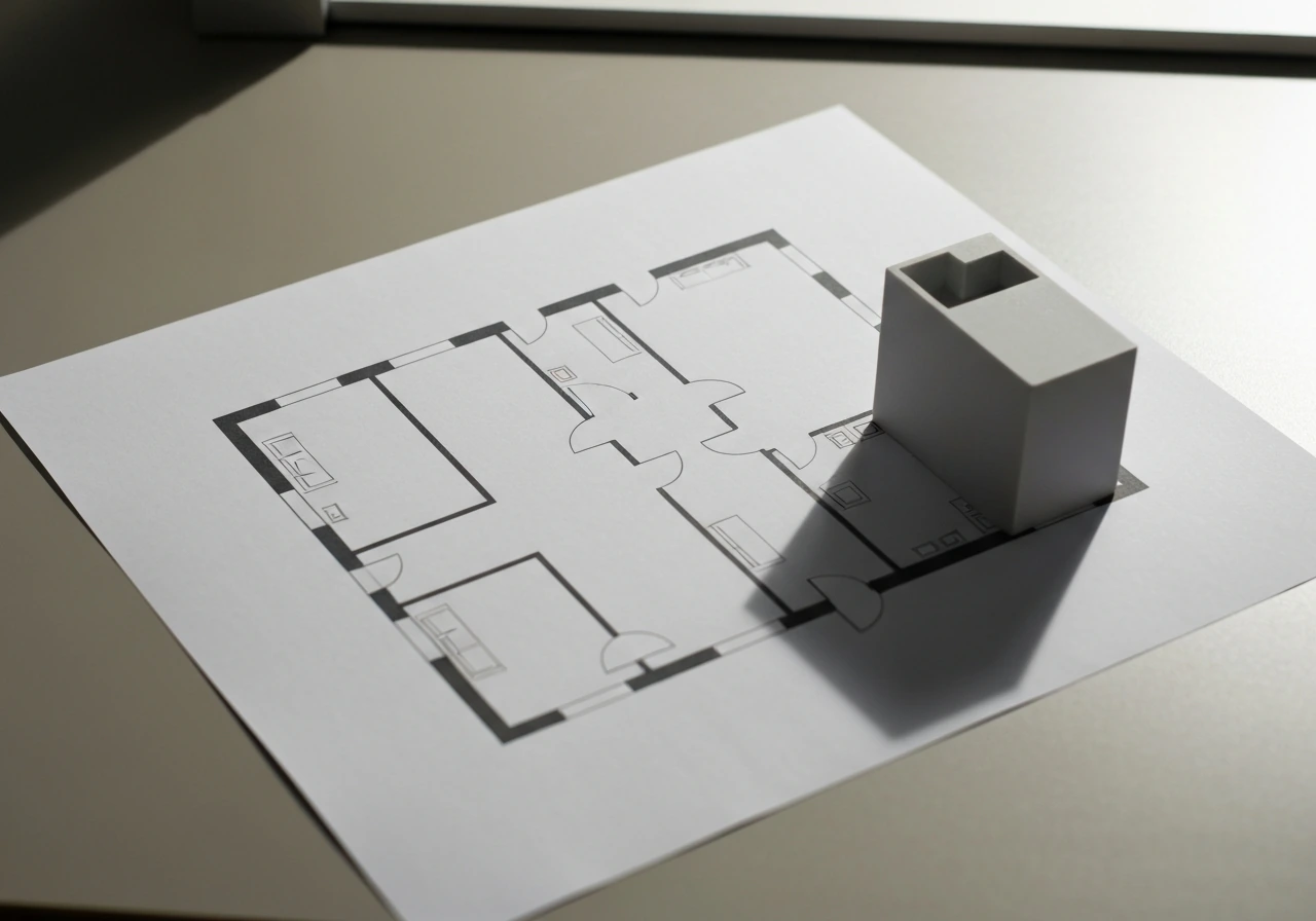 Top-down view of an architectural site plan with a small 3D block model casting a shadow