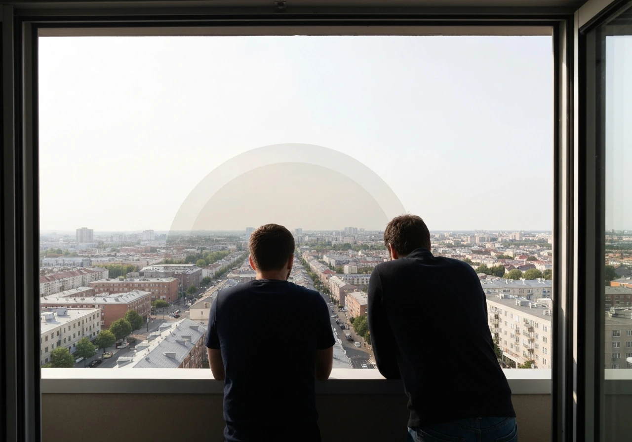 Person on a balcony looking over a city street for an overall broad view