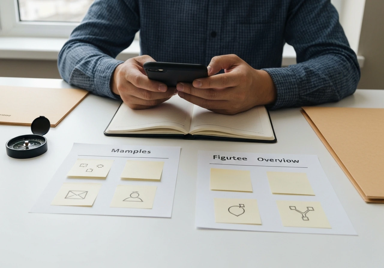 Hands on a desk with a phone and two blank cards suggesting GIS vs figurative overview choices.