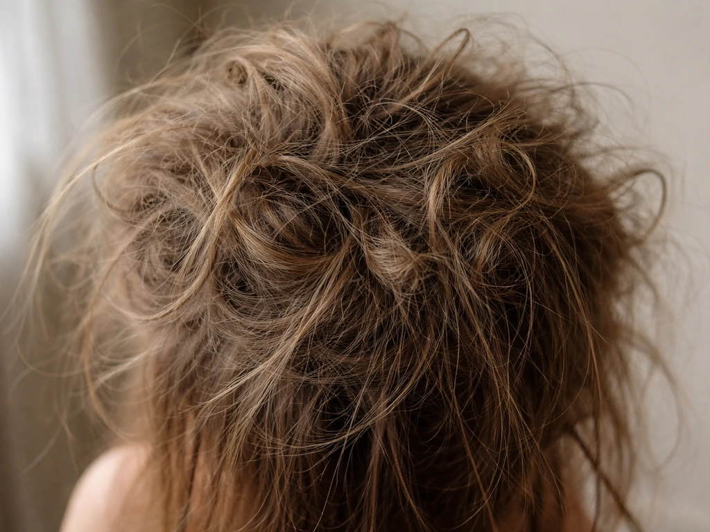 Close-up of messy, frizzy hair with visible tangles resembling a bird’s nest texture.