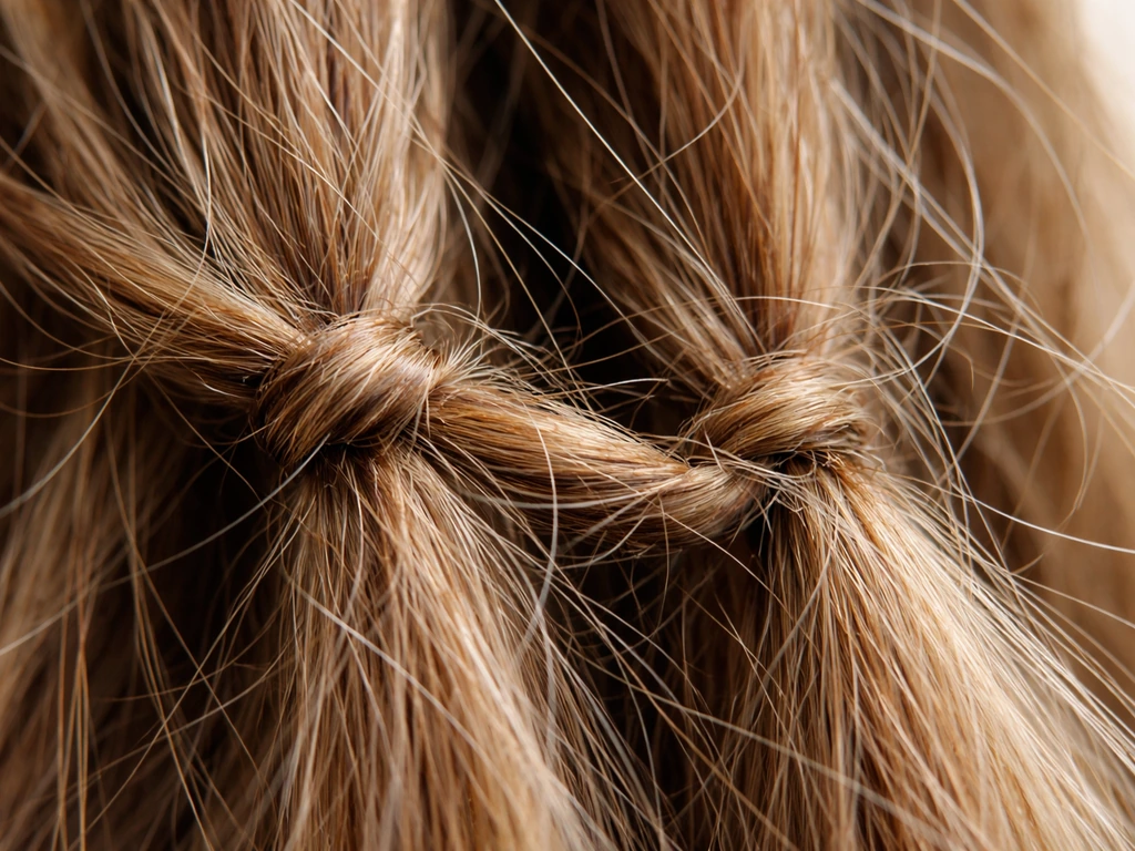 Macro view of rough, lifted hair cuticles with strands snagging into small tangle points.