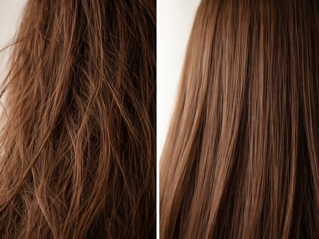 Close-up split view of frizzy, swollen hair strands versus smoother sleeker strands in drier air.