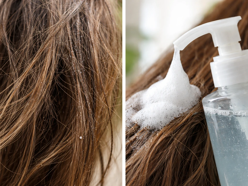 Close-up of hair with sticky residue next to clear clarifying shampoo foam from an unlabeled bottle.