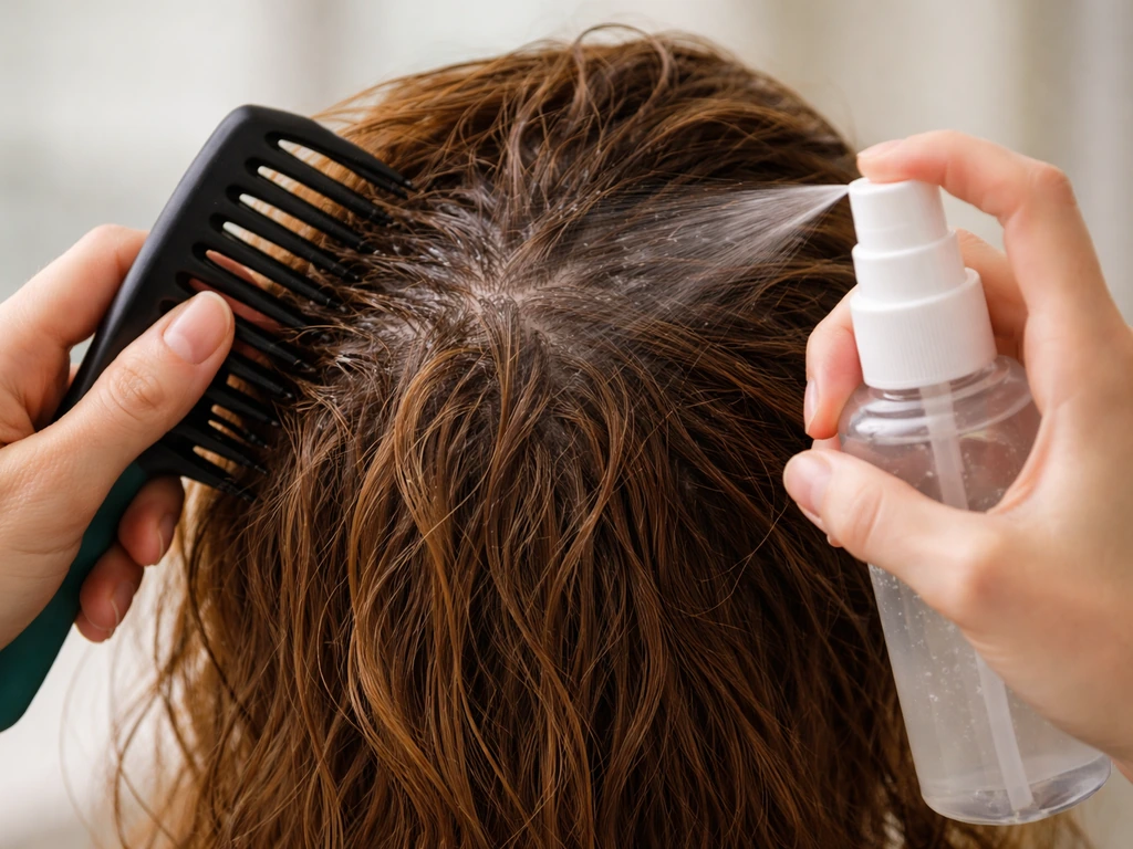 Hands gently spraying detangling leave-in and brushing a knotty hair section in a bathroom.