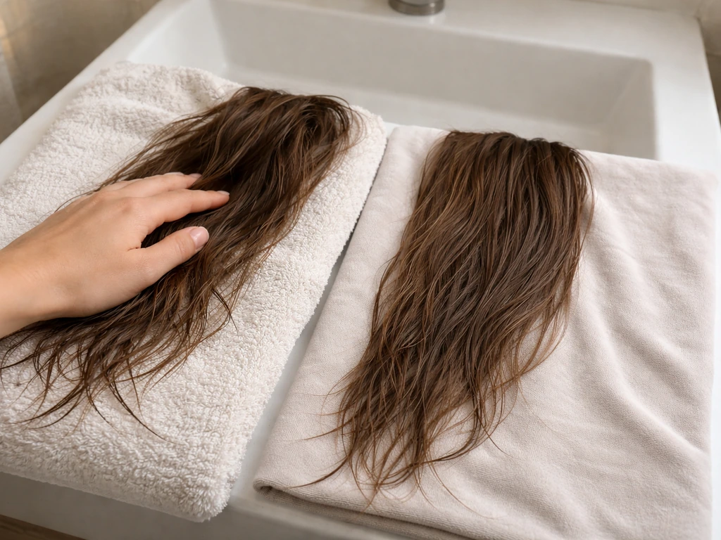 Side-by-side terry towel and microfiber cloth drying damp hair, microfiber side shows less frizz.