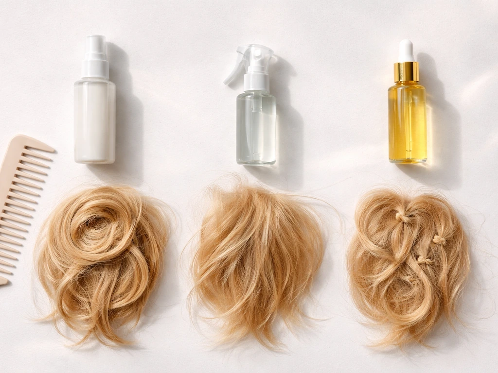 Minimal photo showing three hair-care bottles and a comb beside labeled hair strands, suggesting fixes for tangles.