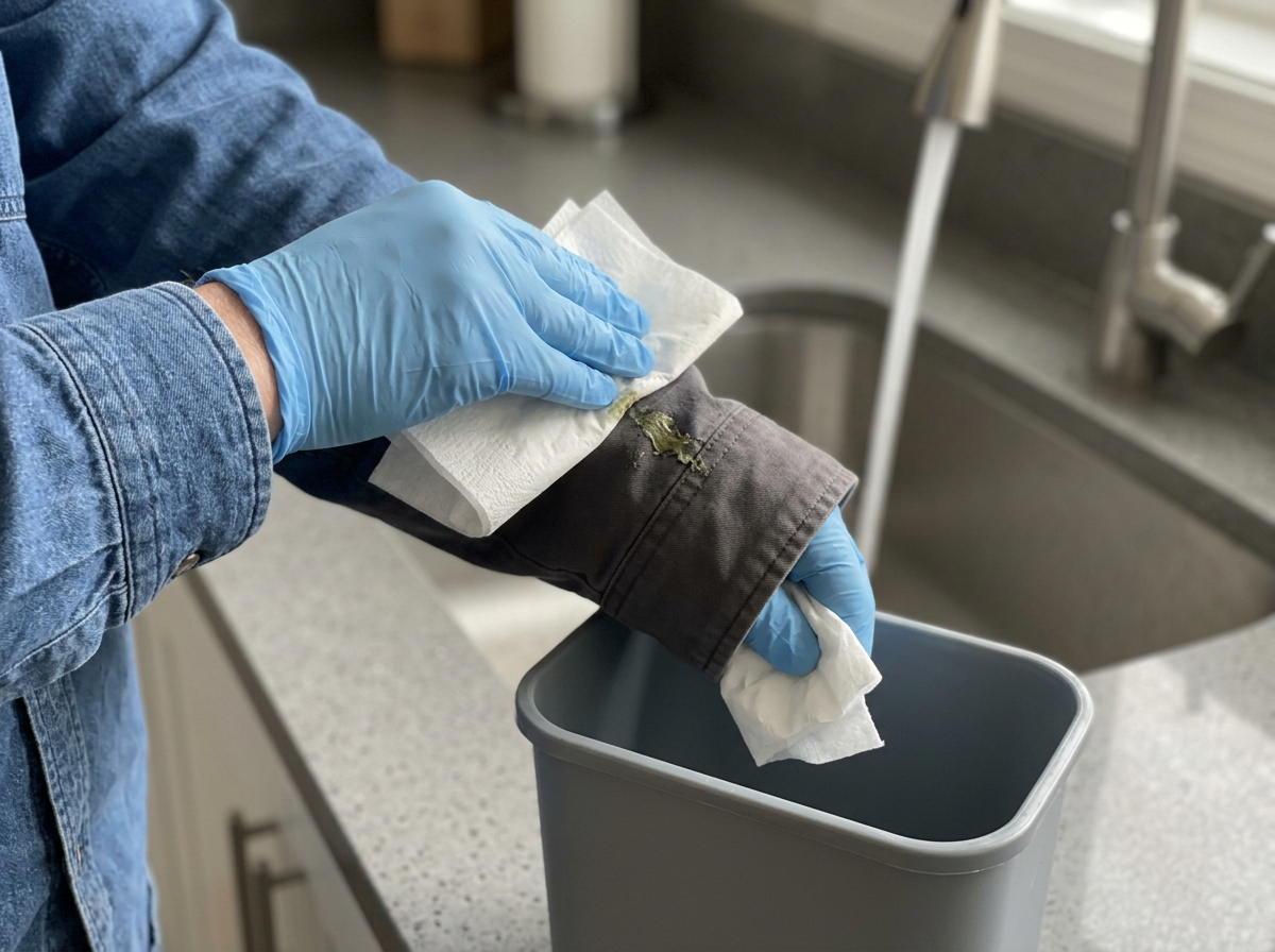 Hand blotting fresh bird droppings off skin with a tissue