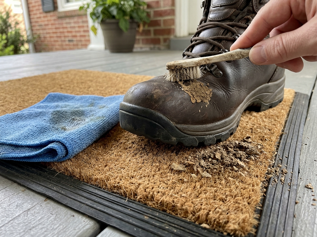 Scraping dried bird droppings off shoes with a stiff brush