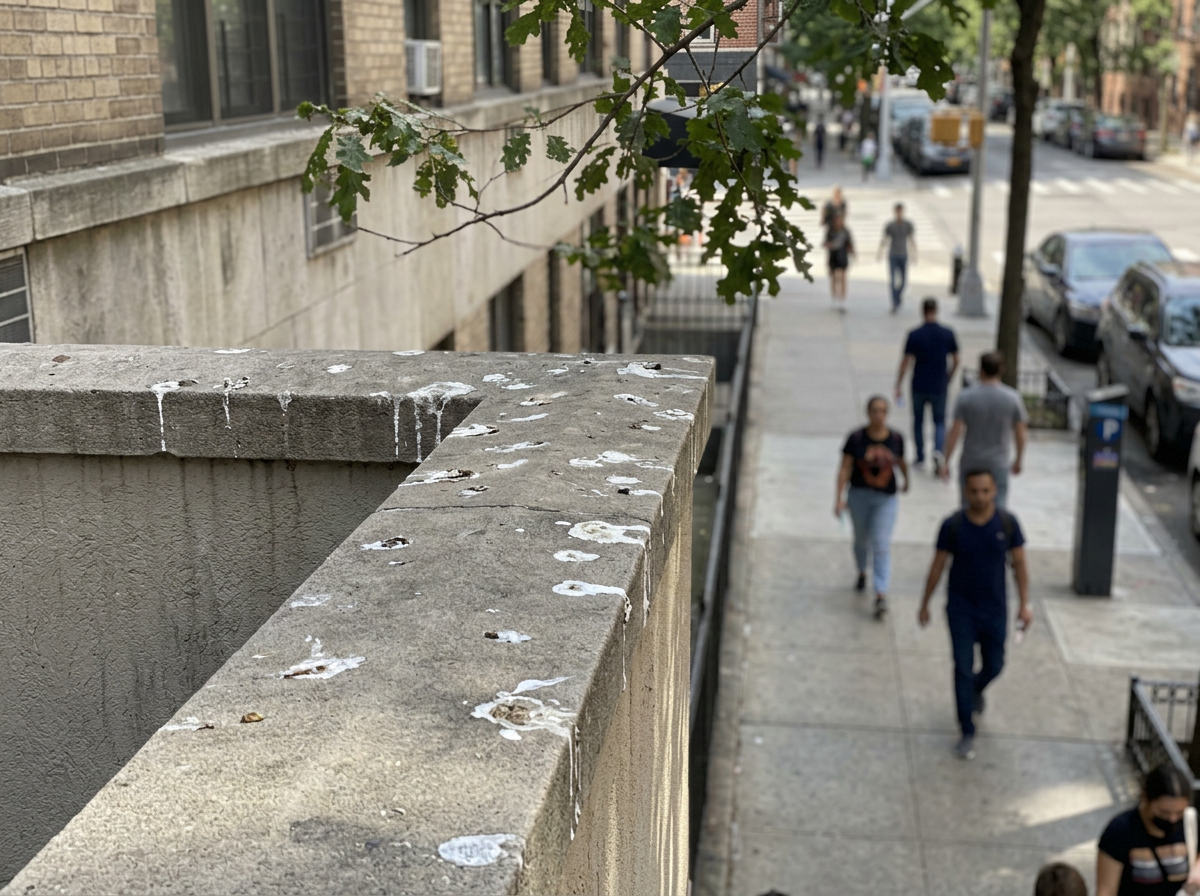Bird droppings on a ledge above a sidewalk creating a real risk zone