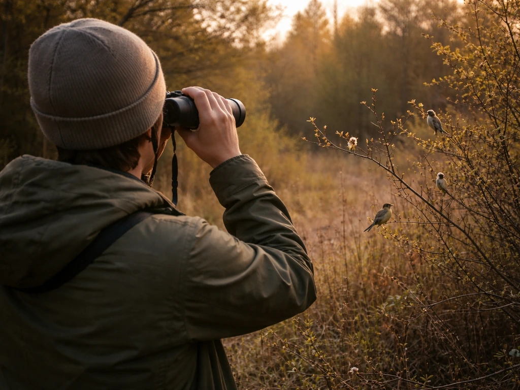 Outdoor birding scene: a person with binoculars watching wild birds in a natural habitat.