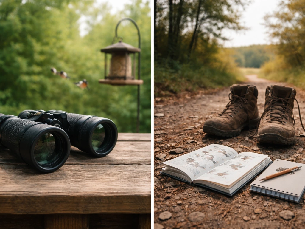 Binoculars aimed at a backyard feeder split with a field guide and notebook on a nature walk trail