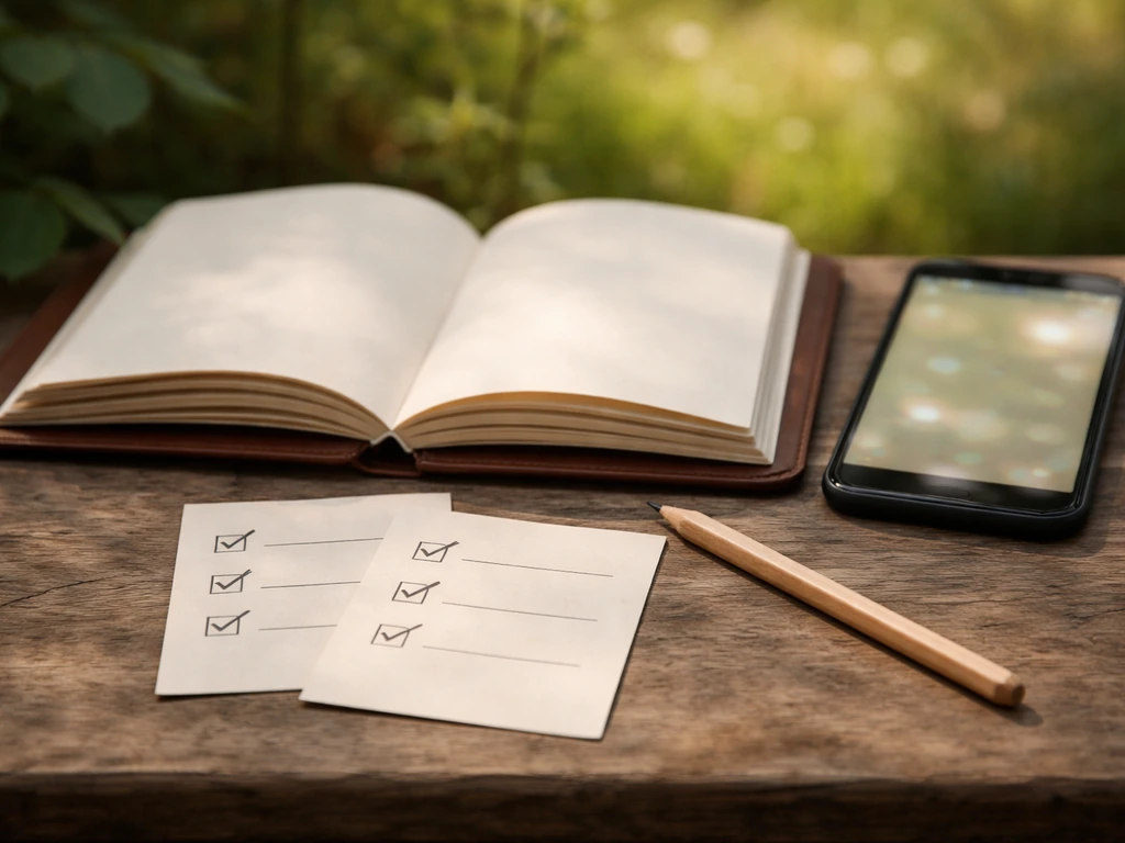 Close-up of a field guide and smartphone with blurred highlighted terms and blank checklist cards.