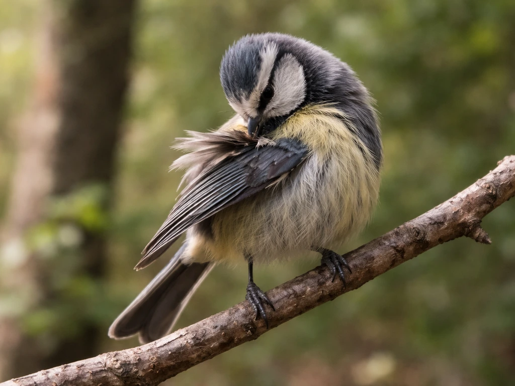 Small bird preening at the edge of a branch, showing a close feather maintenance moment