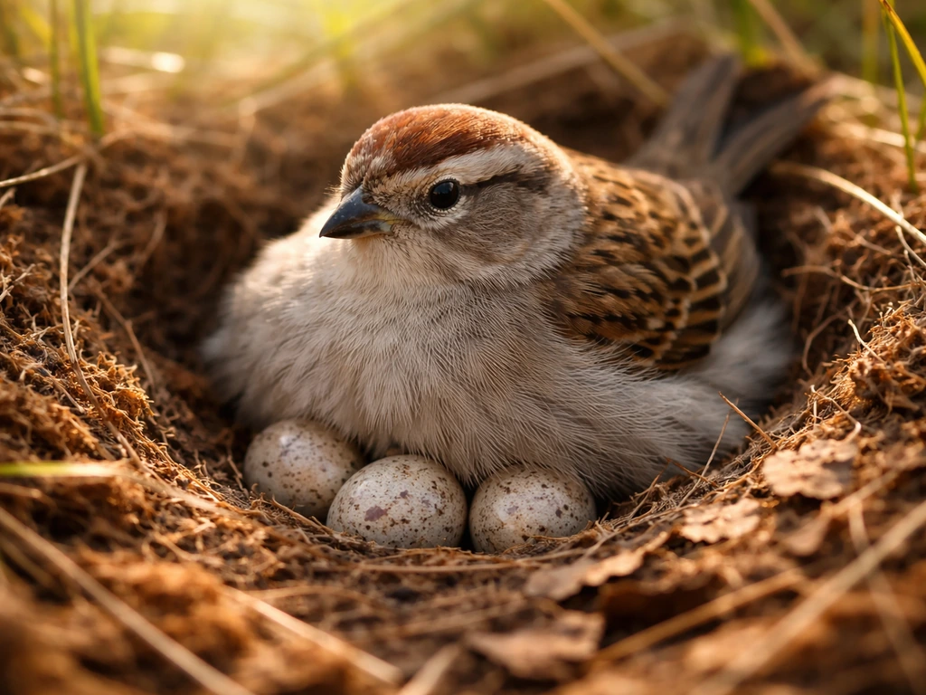 A small bird incubating eggs in a simple nest under warm natural light.