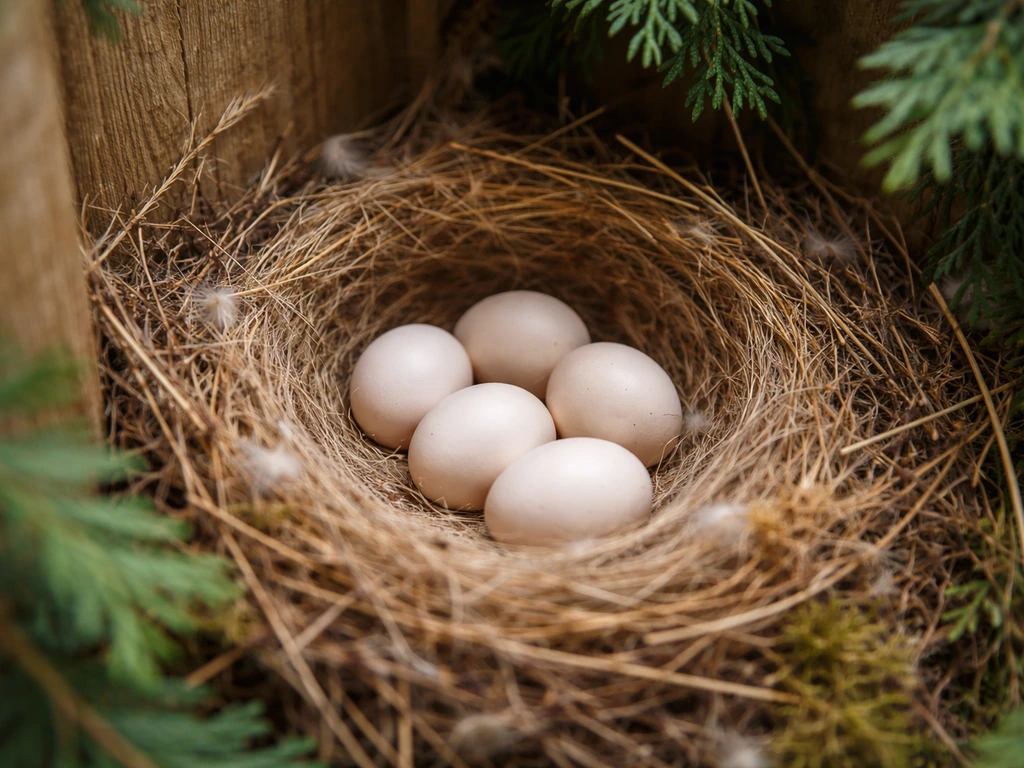 Close-up of a bird nest with intact, uncracked eggs on natural bedding