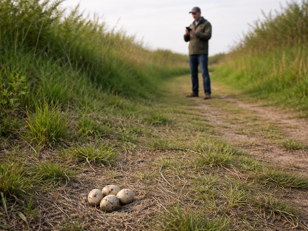 Person keeping distance and observing an eggs-on-ground nest situation from afar with a phone.