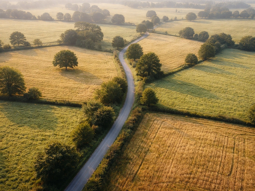 Top-down drone-like view of fields and a small winding road, showing details tiny from above