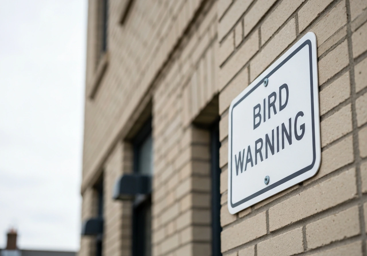 A clear bird warning sign mounted on a building exterior against a quiet sky.