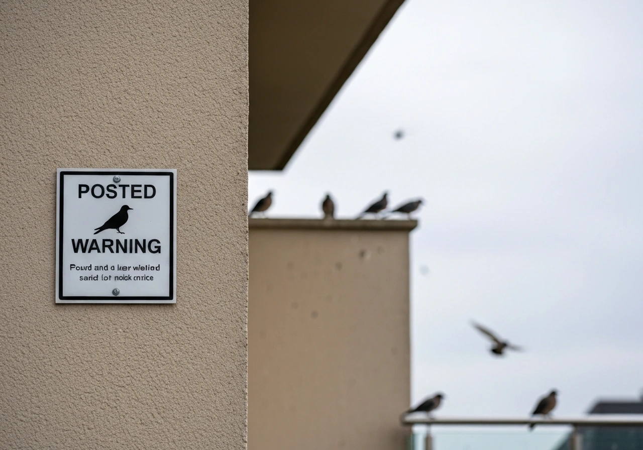 Bird warning sign on a building wall with a few birds perched nearby in the background.
