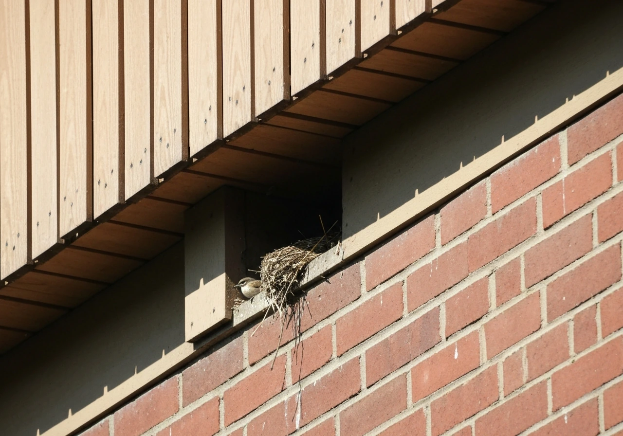 Bird perched under building eaves beside a visible nest in the sheltered ledge area.