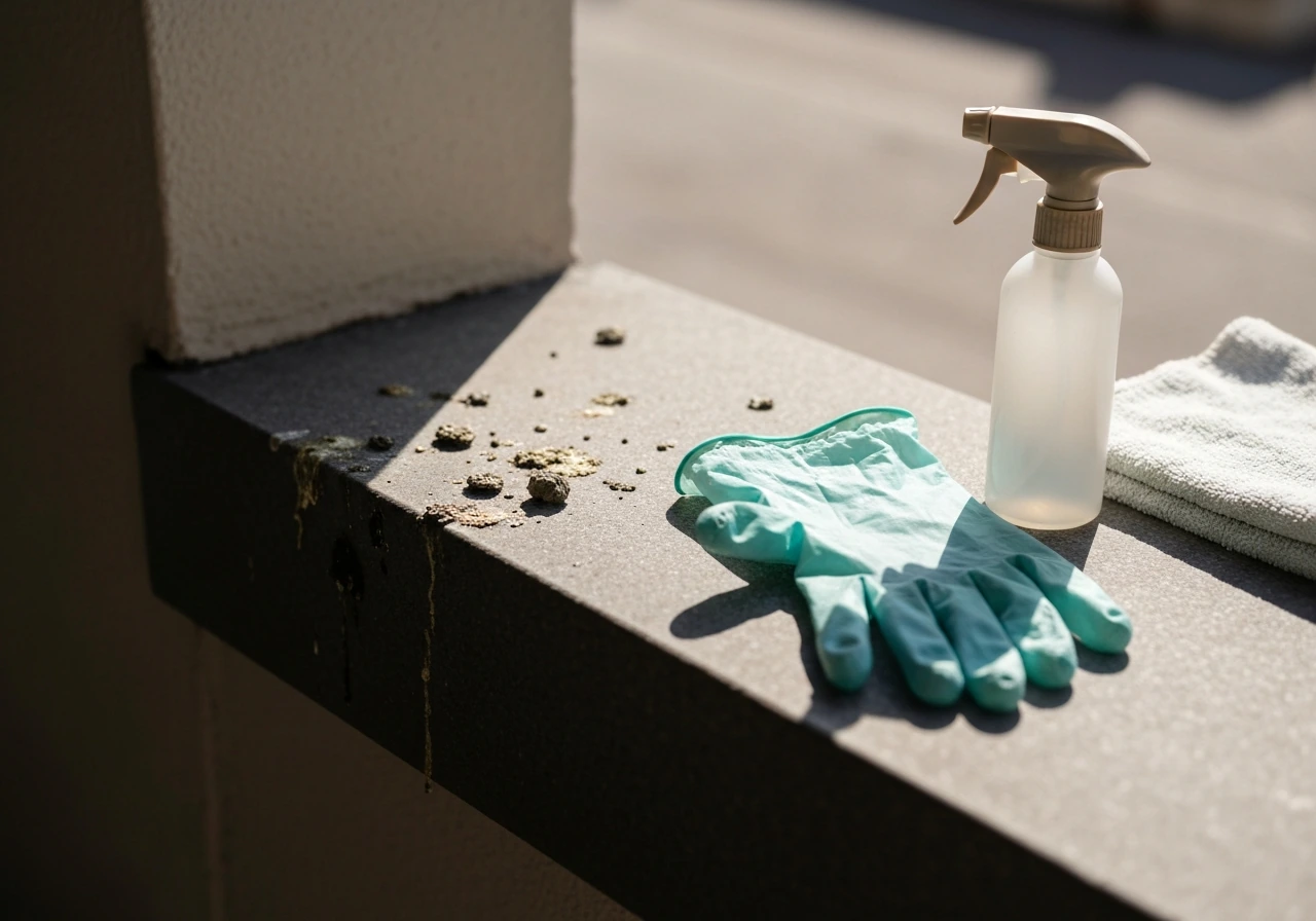 Close-up of bird droppings on a ledge with nearby protective gloves and a small cleaning kit.