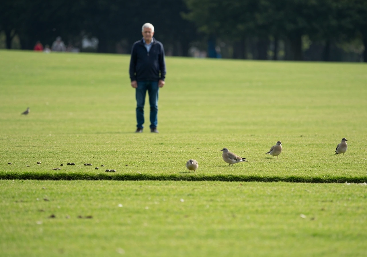 Person observing birds at different distances in a park grass area, with clear behavior cues like alert posture.